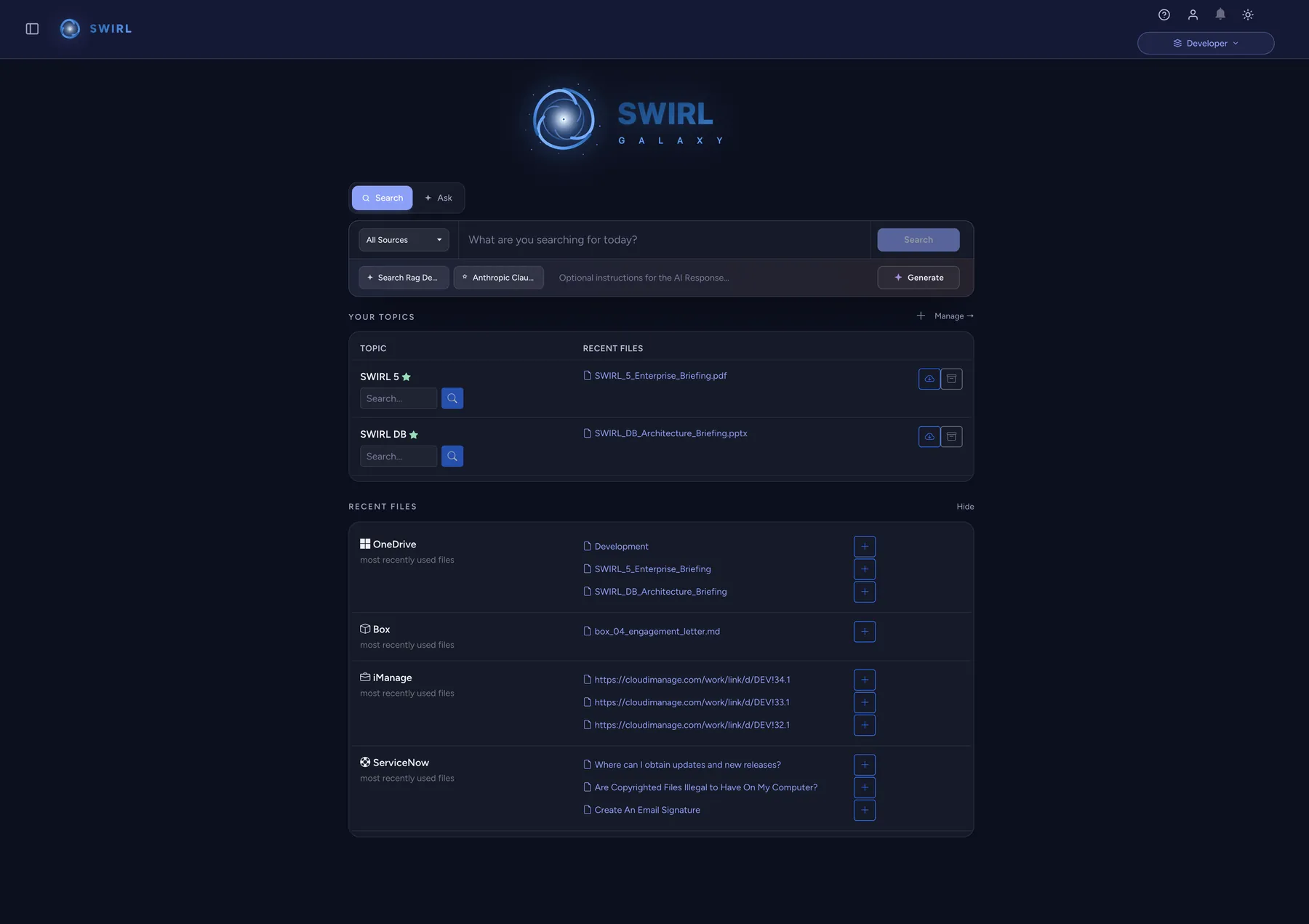 SWIRL 5 home dashboard with topics, workspaces and recent files from OneDrive, Box, iManage and ServiceNow